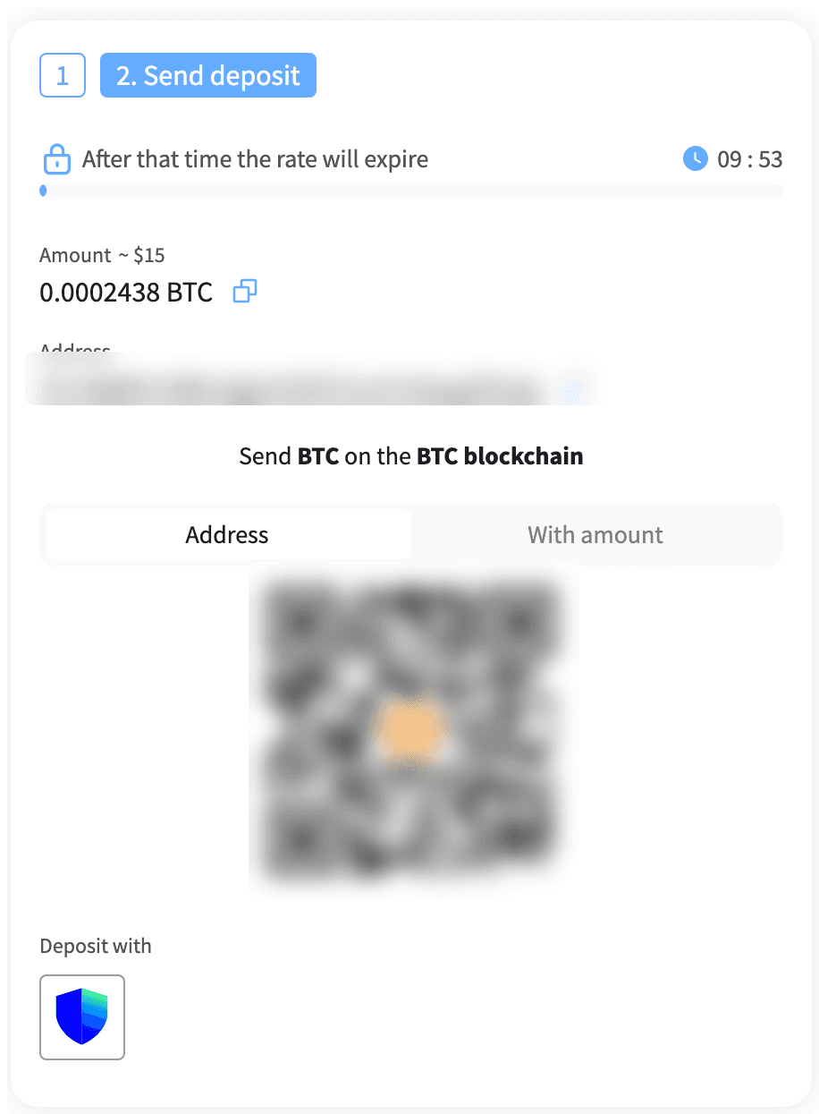 The real deposit step: a rate countdown, the exact amount, the deposit address, and a QR code (blurred here — always use your own live order's address).