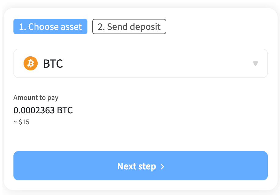 The real payment page for a fuckgen order: choose the asset you hold, see the exact amount to pay, then Next step.