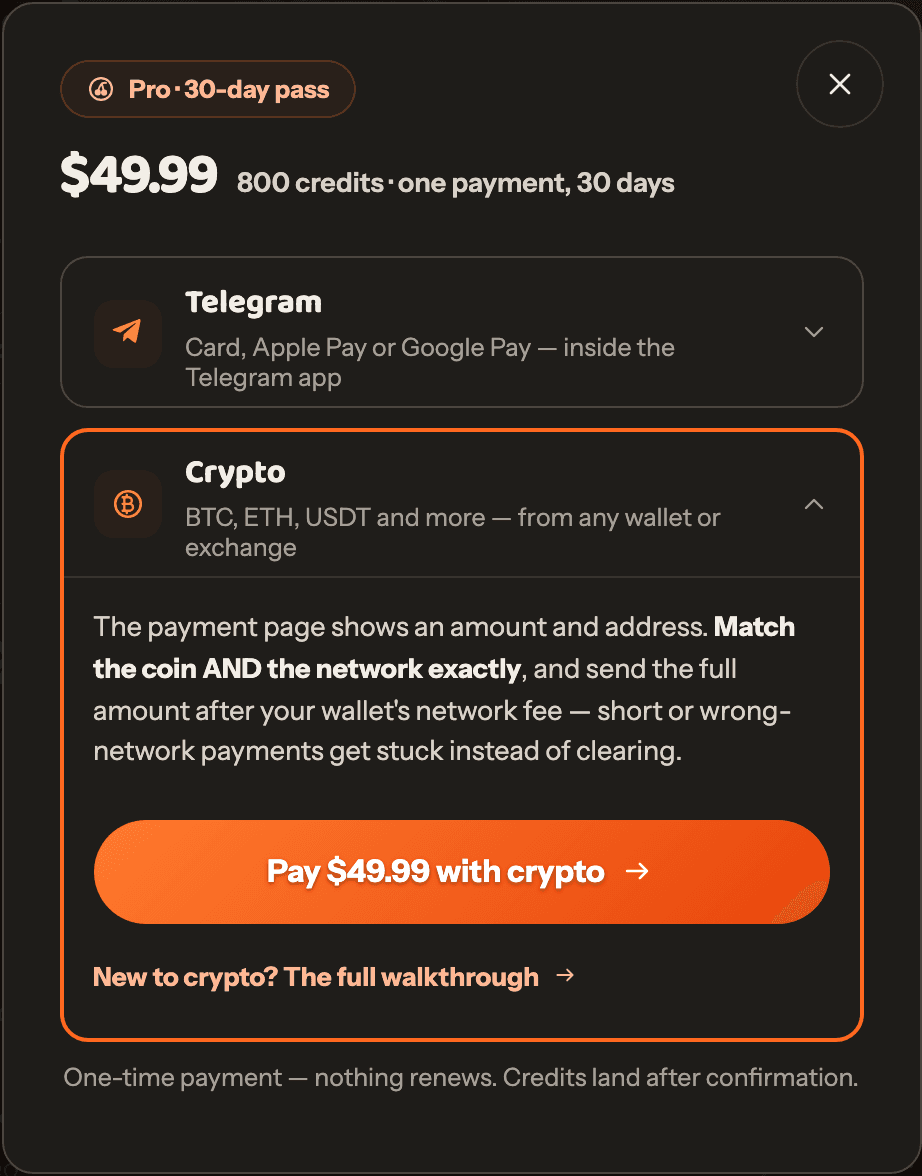 The fuckgen payment window with the Crypto method open, showing the pay-with-crypto button.