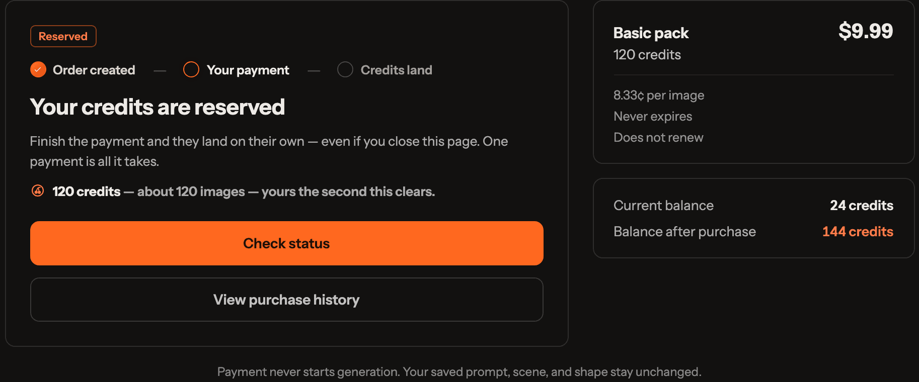 The fuckgen checkout status card watching for payment confirmation.
