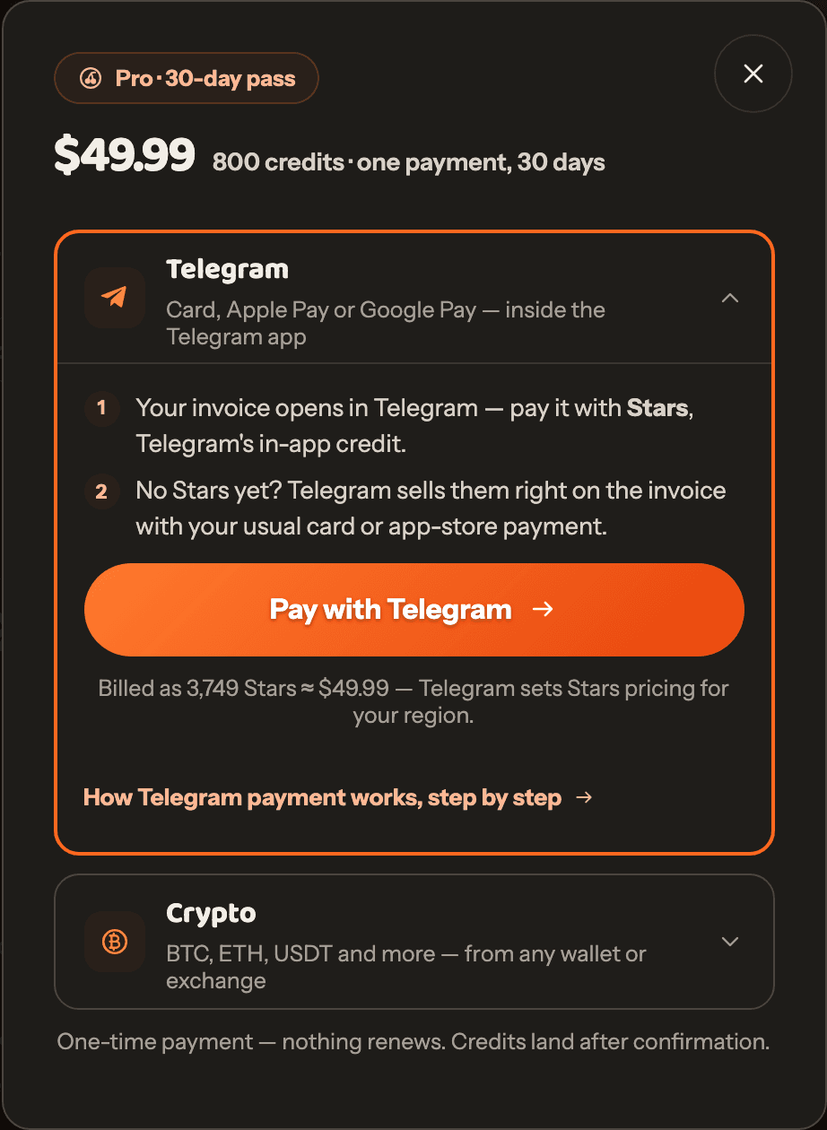 The fuckgen payment window with the Telegram method open, showing the Stars price on the pay button.