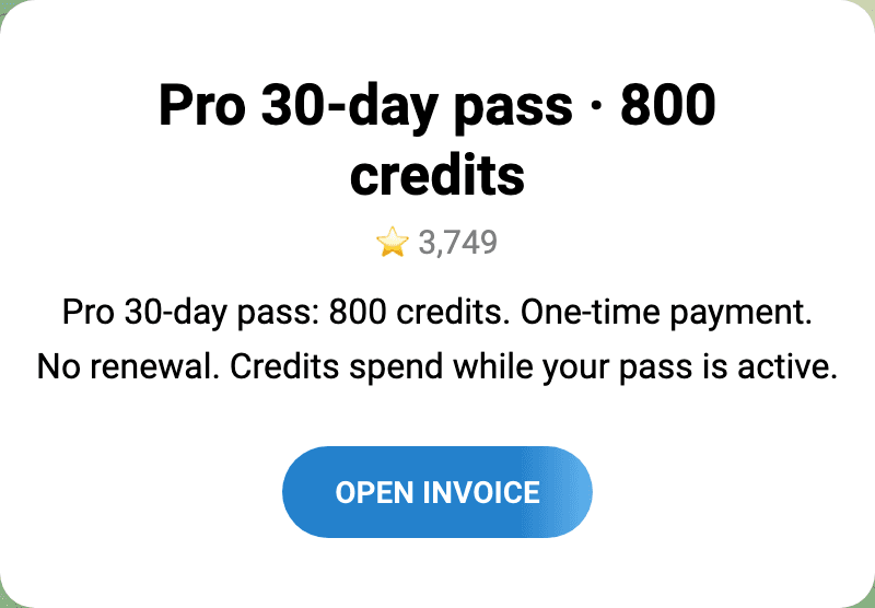 The real Telegram invoice page for a fuckgen Pro 30-day pass, showing the Stars price and the Open Invoice button.