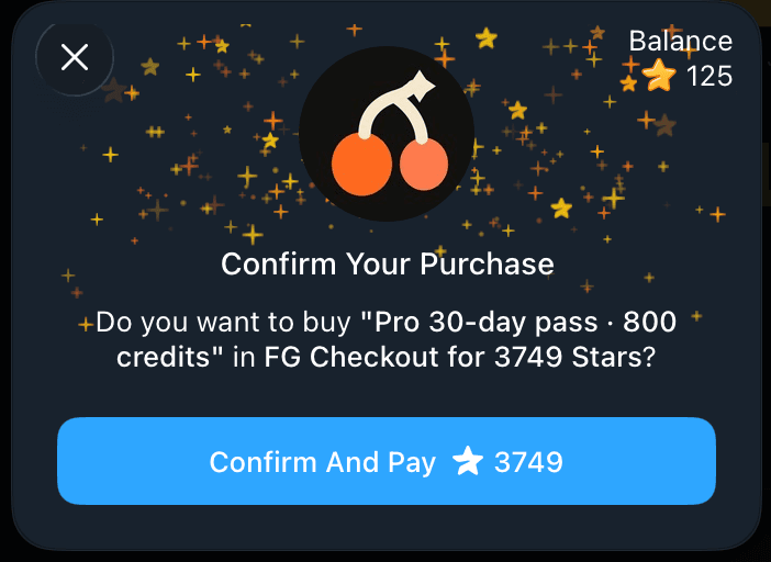Telegram's real Confirm Your Purchase sheet for a fuckgen Pro 30-day pass, with the Confirm And Pay button.