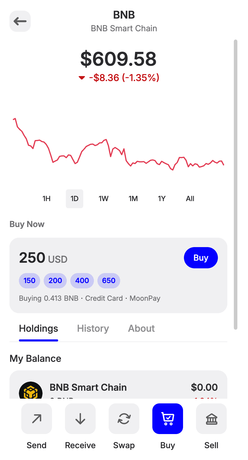 The BNB coin page in Trust Wallet with the Buy Now widget set to 250 USD via credit card, and Send, Receive, Swap, Buy, Sell buttons.