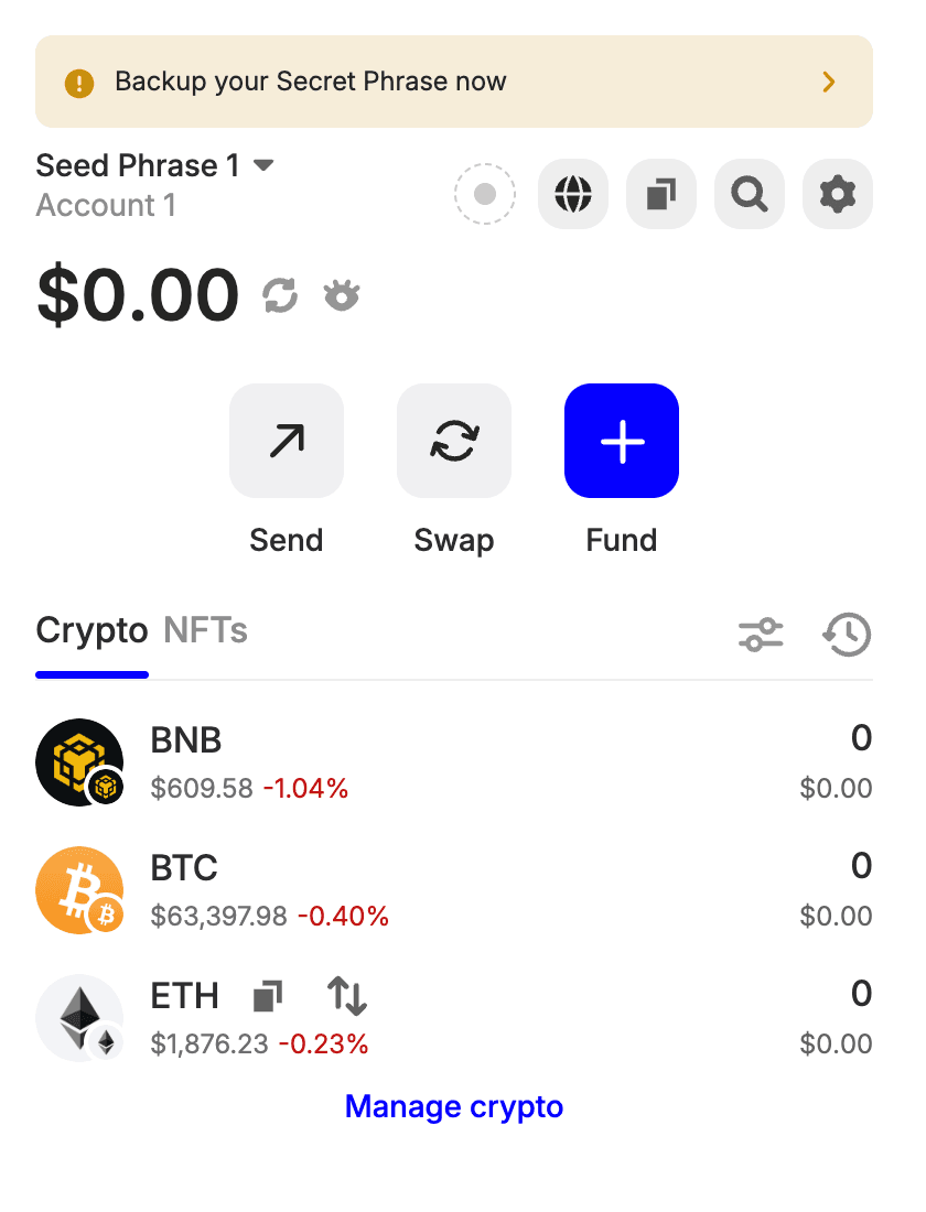 A freshly created Trust Wallet home screen with a zero balance, Send, Swap and Fund buttons, and the backup reminder.