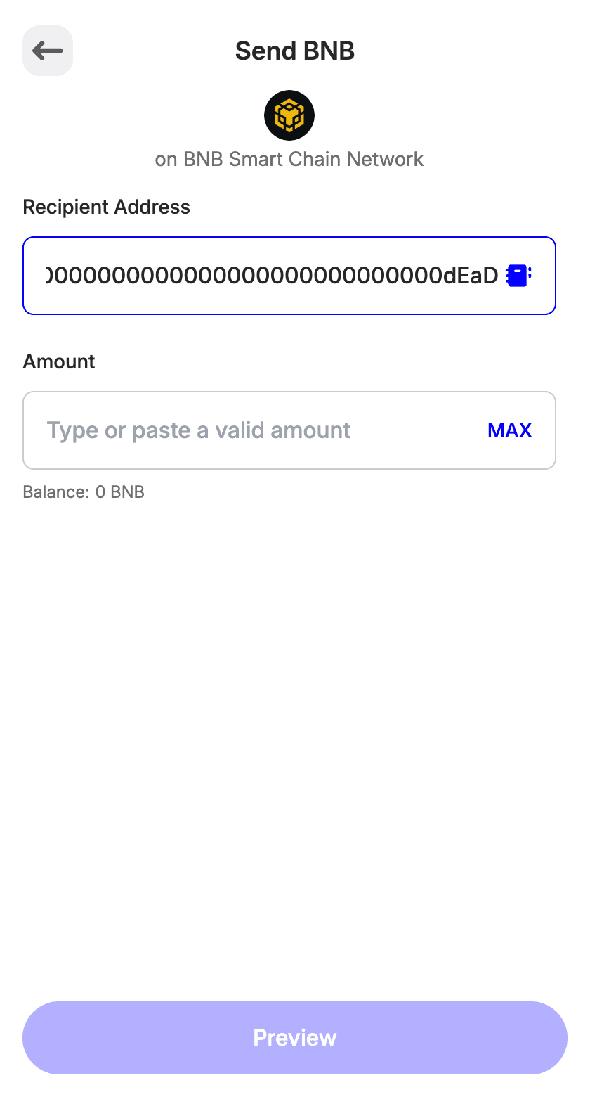 Trust Wallet's Send BNB screen on the BNB Smart Chain network with a recipient address pasted and the amount field empty.